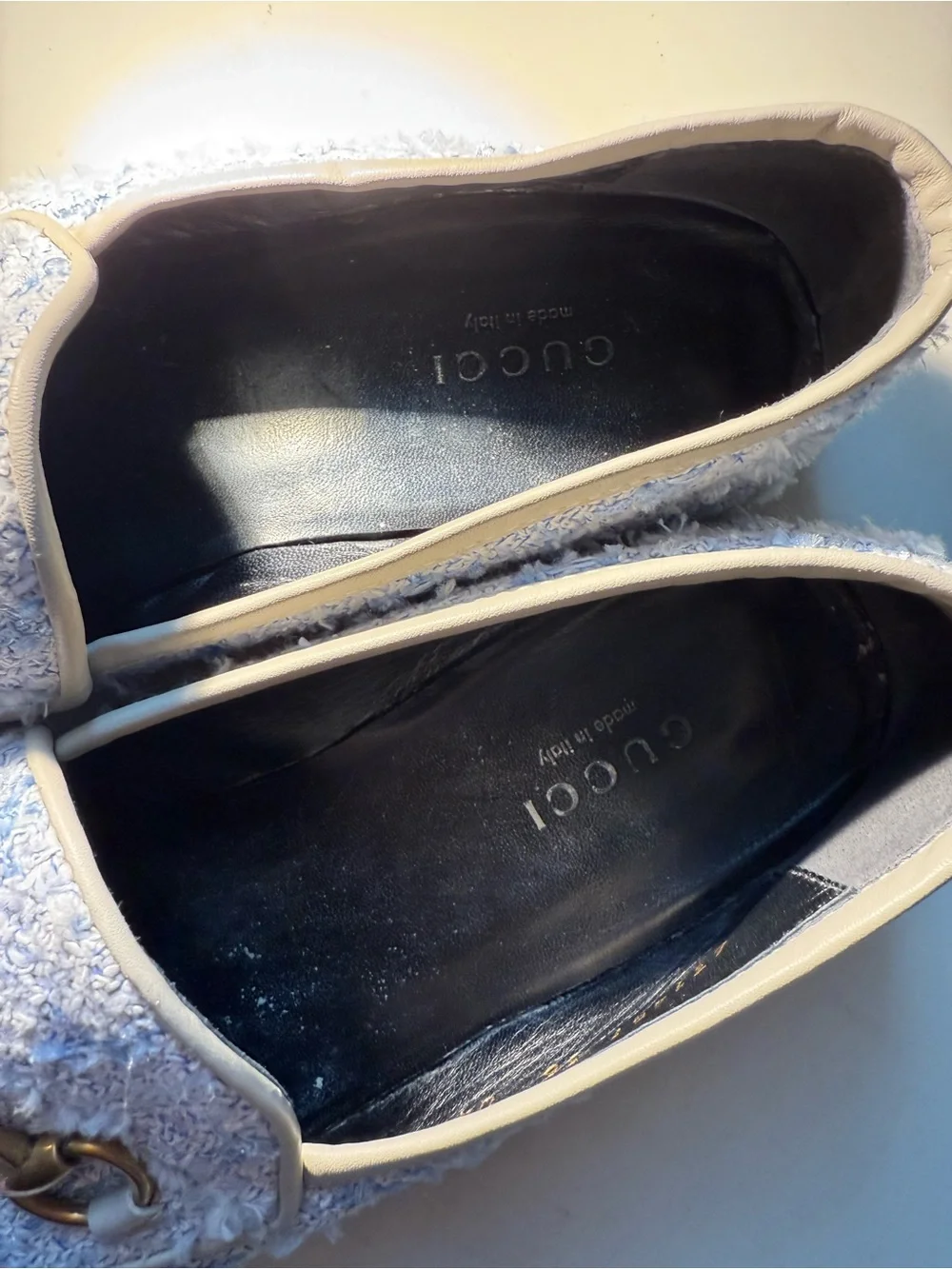 Gucci Cream and Light Blue Textured Men's Slip-On Loafers with Gold Bit